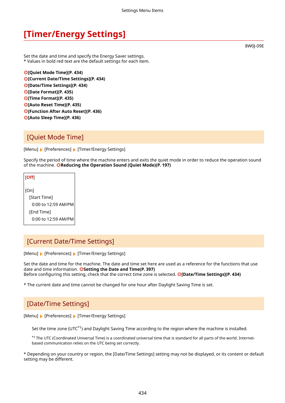 Timer/energy settings, Timer/energy settings](p. 434), Ences]. [timer/energy settings](p. 434) | Quiet mode time, Current date/time settings, Date/time settings | Canon imageCLASS MF264dw II Multifunction Monochrome Laser Printer User Manual | Page 443 / 700