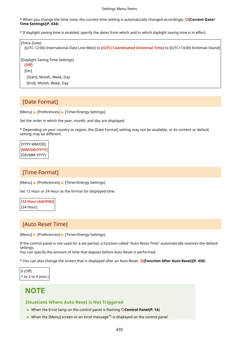 Auto reset time](p. 435), Date format, Time format | Auto reset time | Canon imageCLASS MF264dw II Multifunction Monochrome Laser Printer User Manual | Page 444 / 700