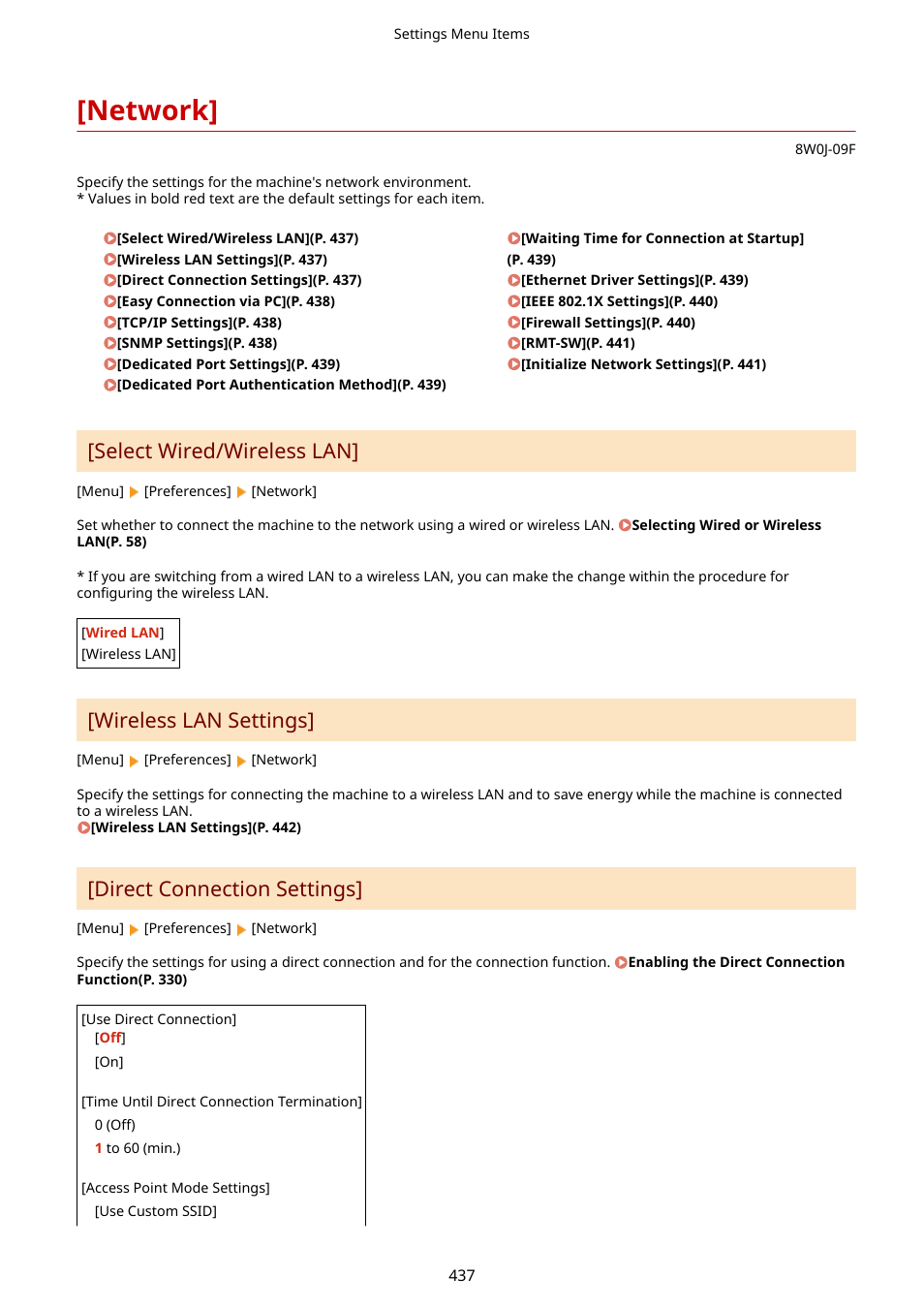 Network, Direct connection settings](p. 437), Network](p. 437) | Select wired/wireless lan, Wireless lan settings, Direct connection settings | Canon imageCLASS MF264dw II Multifunction Monochrome Laser Printer User Manual | Page 446 / 700