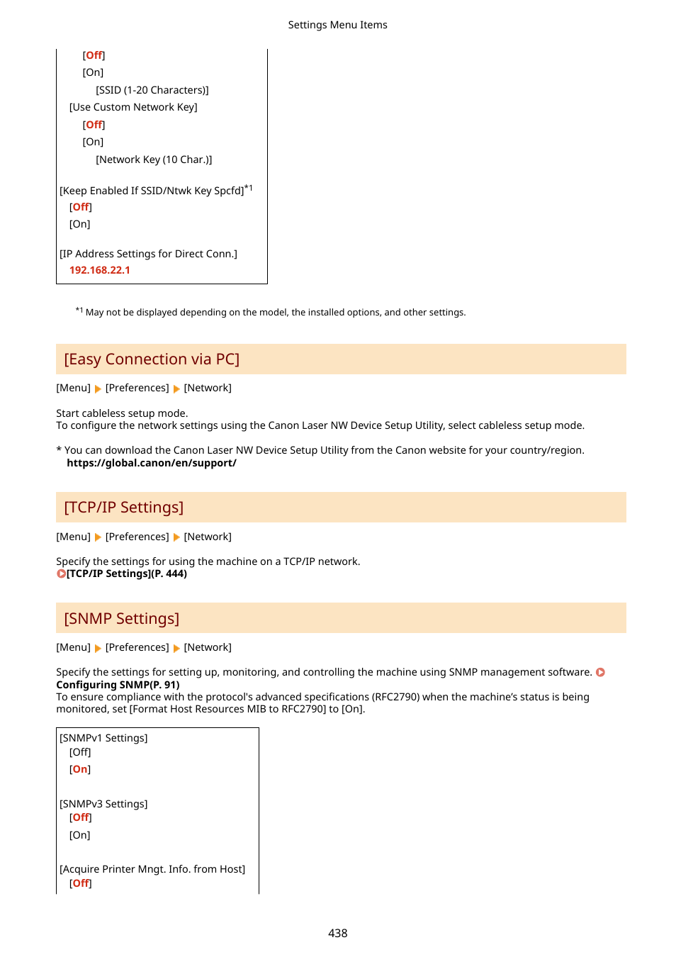 Easy connection via pc, Tcp/ip settings, Snmp settings | Canon imageCLASS MF264dw II Multifunction Monochrome Laser Printer User Manual | Page 447 / 700