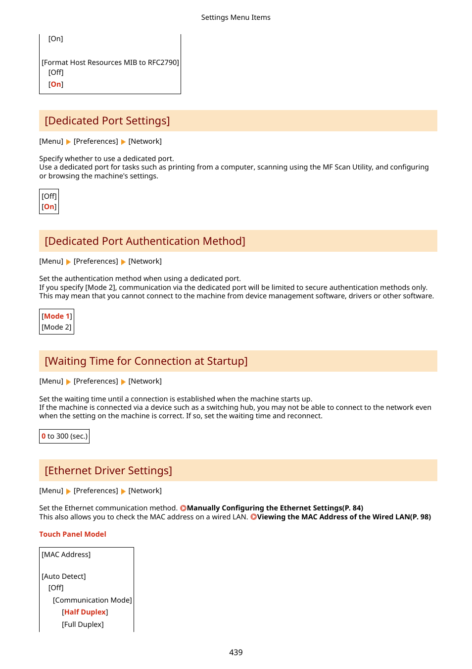 Ethernet driver settings](p. 439), Waiting time for connection at startup, P. 439) | Dedicated port settings, Dedicated port authentication method, Ethernet driver settings | Canon imageCLASS MF264dw II Multifunction Monochrome Laser Printer User Manual | Page 448 / 700