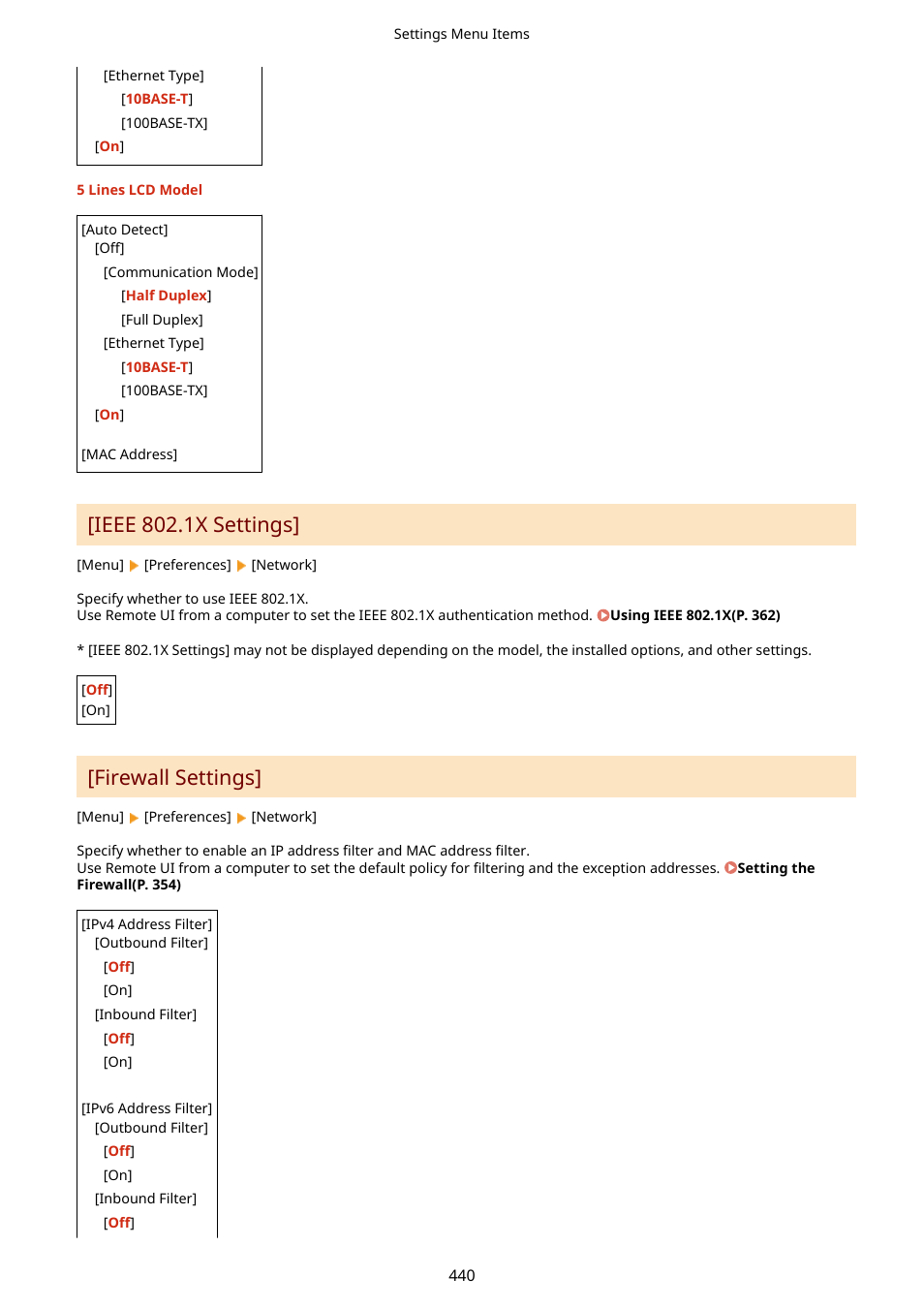 Firewall settings](p. 440), Some of the settings. [firewall settings](p. 440), Ieee 802.1x settings | Firewall settings | Canon imageCLASS MF264dw II Multifunction Monochrome Laser Printer User Manual | Page 449 / 700