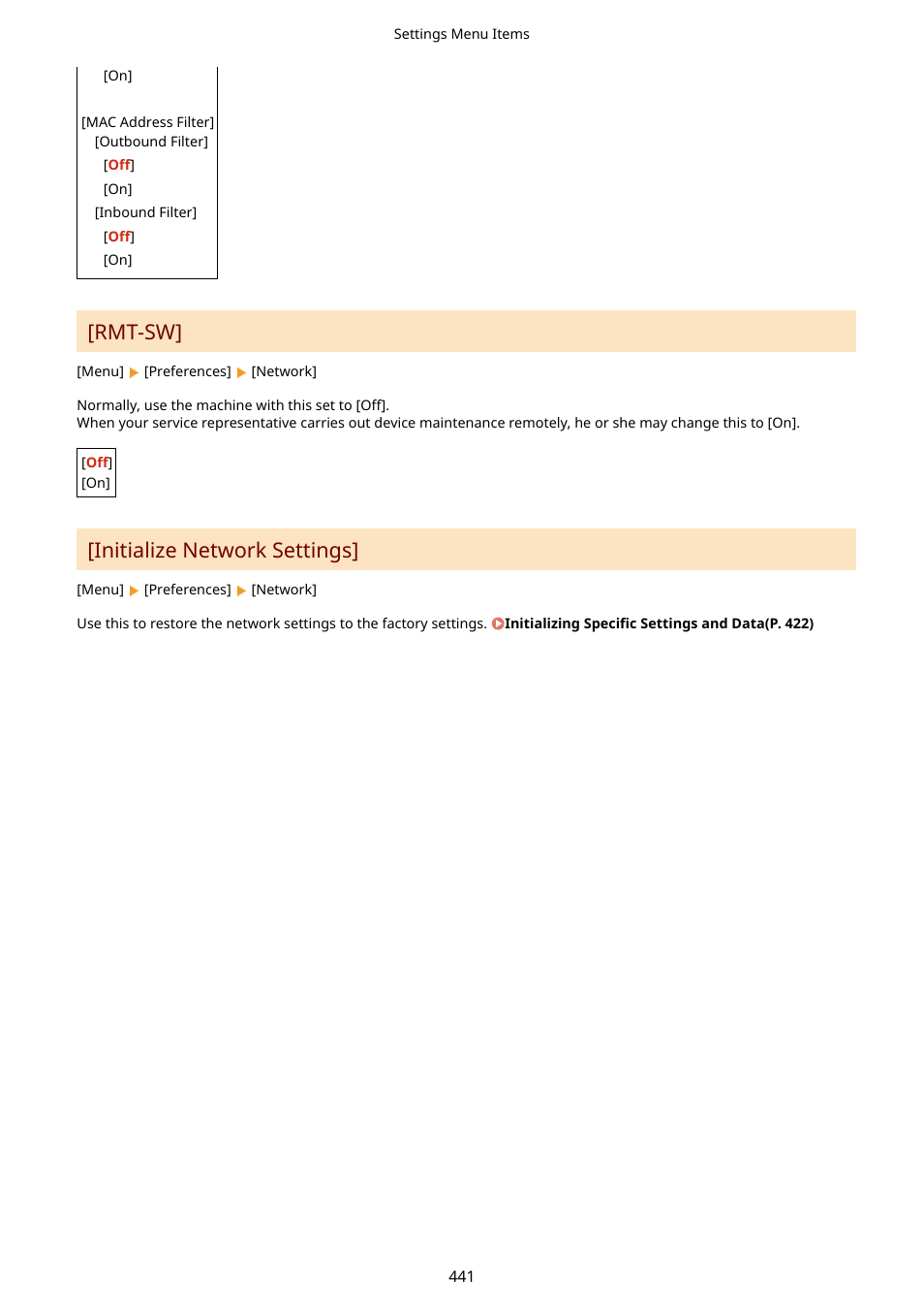 Rmt-sw, Initialize network settings | Canon imageCLASS MF264dw II Multifunction Monochrome Laser Printer User Manual | Page 450 / 700