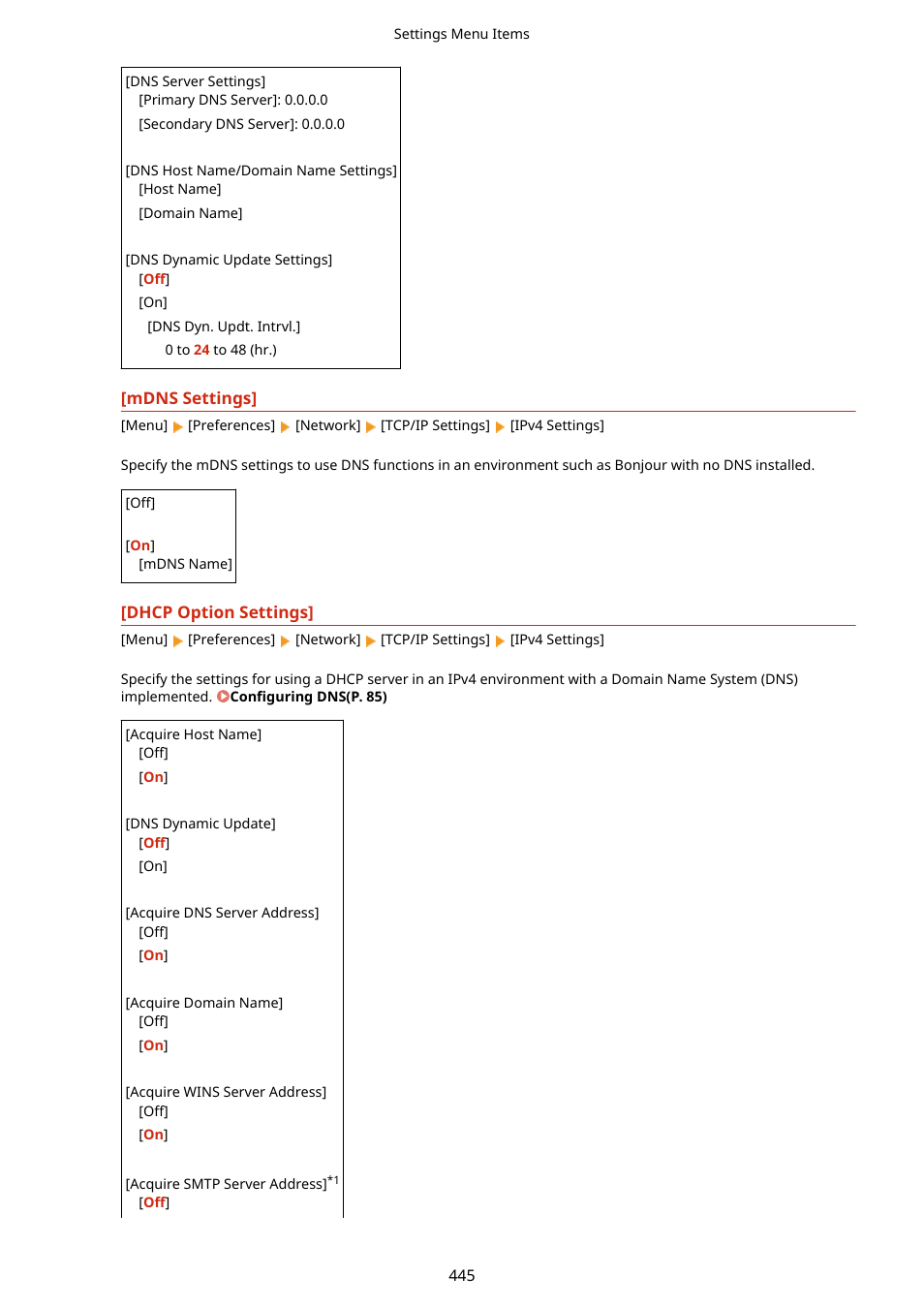Mdns settings](p. 445) | Canon imageCLASS MF264dw II Multifunction Monochrome Laser Printer User Manual | Page 454 / 700