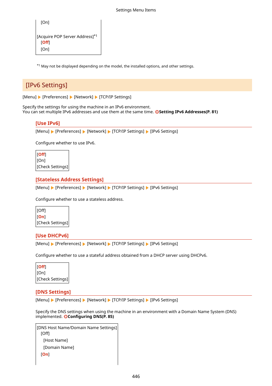 Some of the settings. [ipv6 settings](p. 446), Ipv6 settings](p. 446), Ipv6 settings | Canon imageCLASS MF264dw II Multifunction Monochrome Laser Printer User Manual | Page 455 / 700