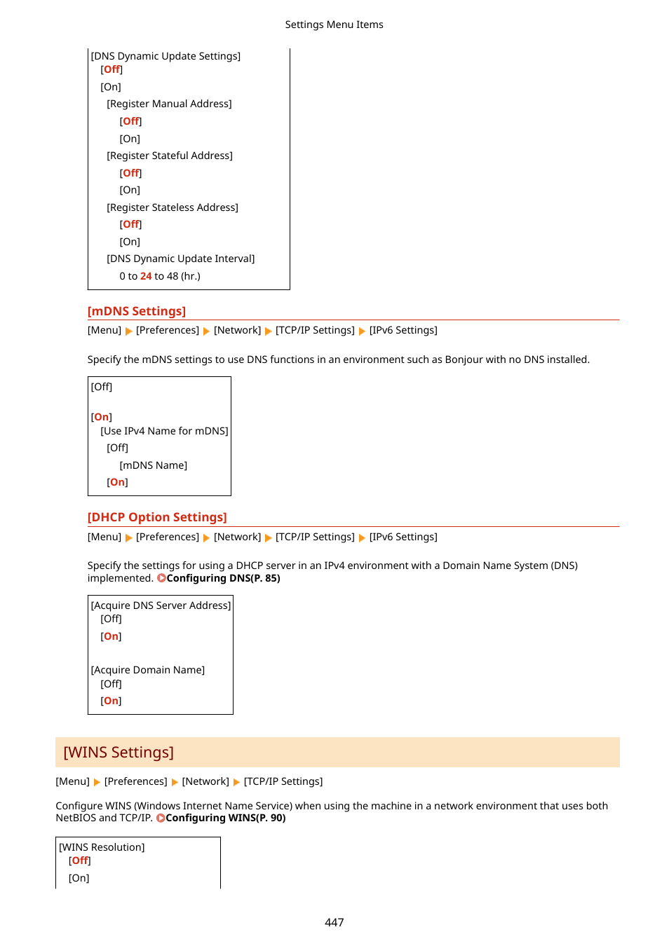 Wins settings](p. 447), Wins settings | Canon imageCLASS MF264dw II Multifunction Monochrome Laser Printer User Manual | Page 456 / 700