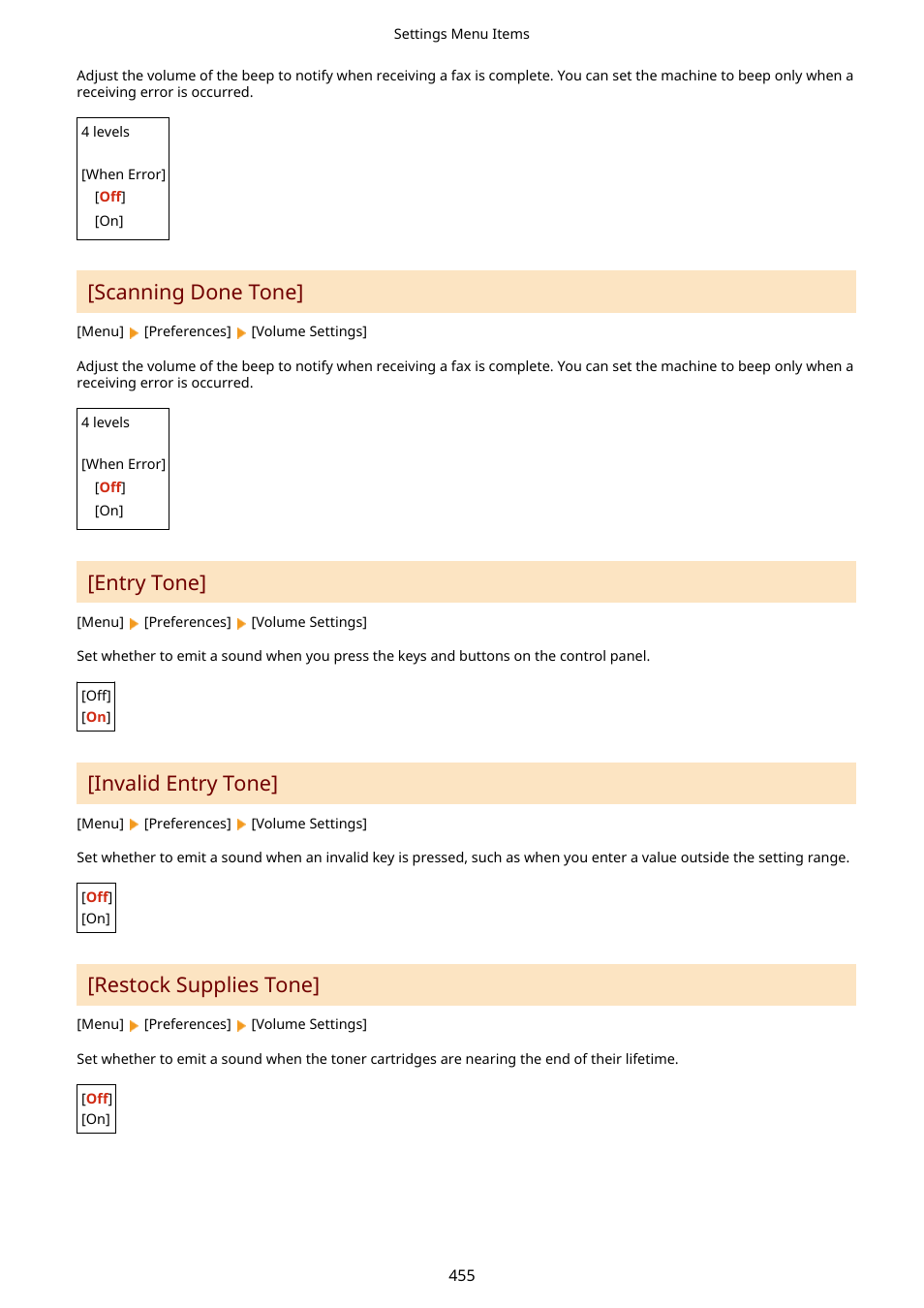 Restock supplies tone](p. 455), Scanning done tone, Entry tone | Invalid entry tone, Restock supplies tone | Canon imageCLASS MF264dw II Multifunction Monochrome Laser Printer User Manual | Page 464 / 700
