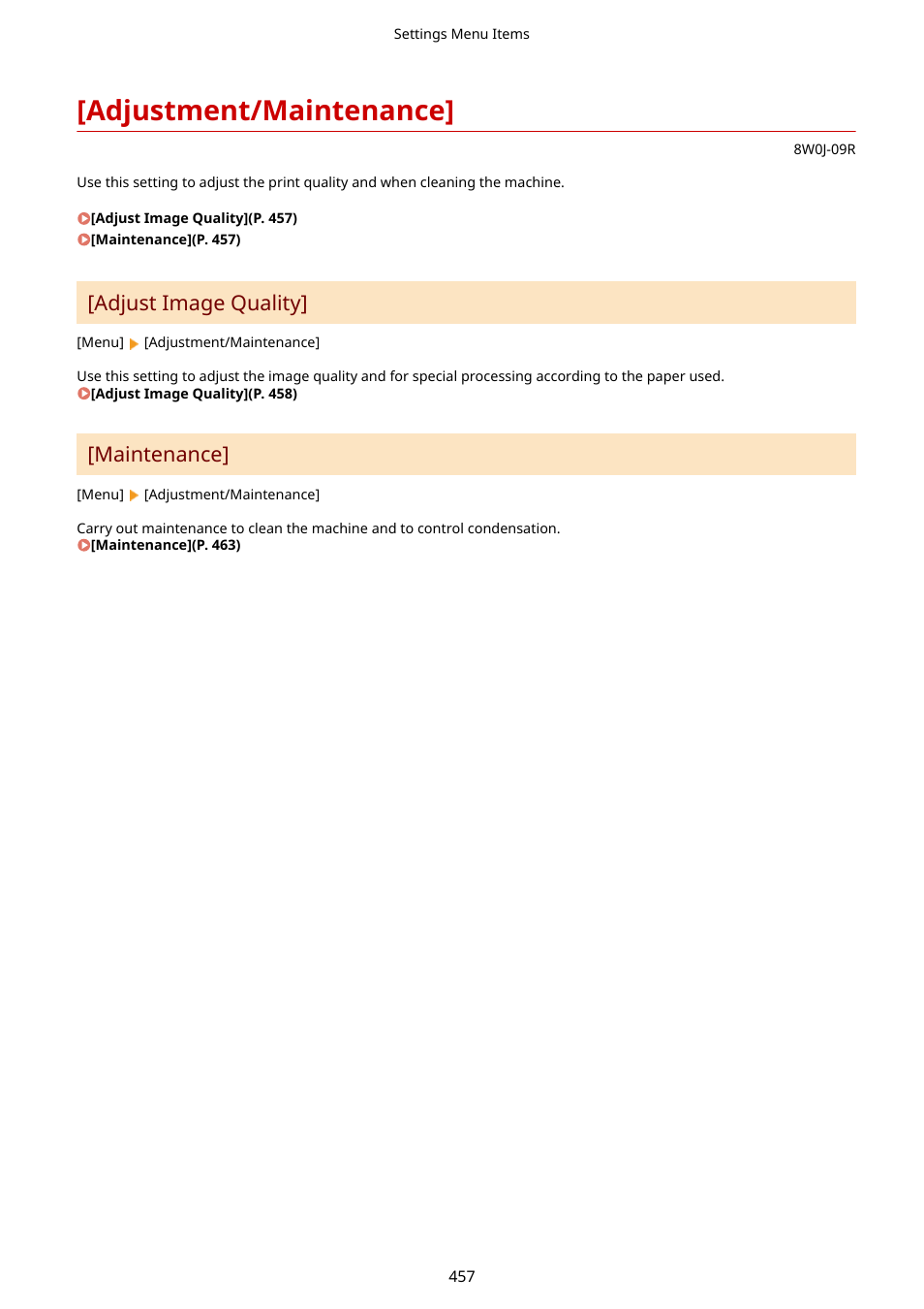 Adjustment/maintenance, Adjustment/maintenance](p. 457), Adjust image quality | Maintenance | Canon imageCLASS MF264dw II Multifunction Monochrome Laser Printer User Manual | Page 466 / 700