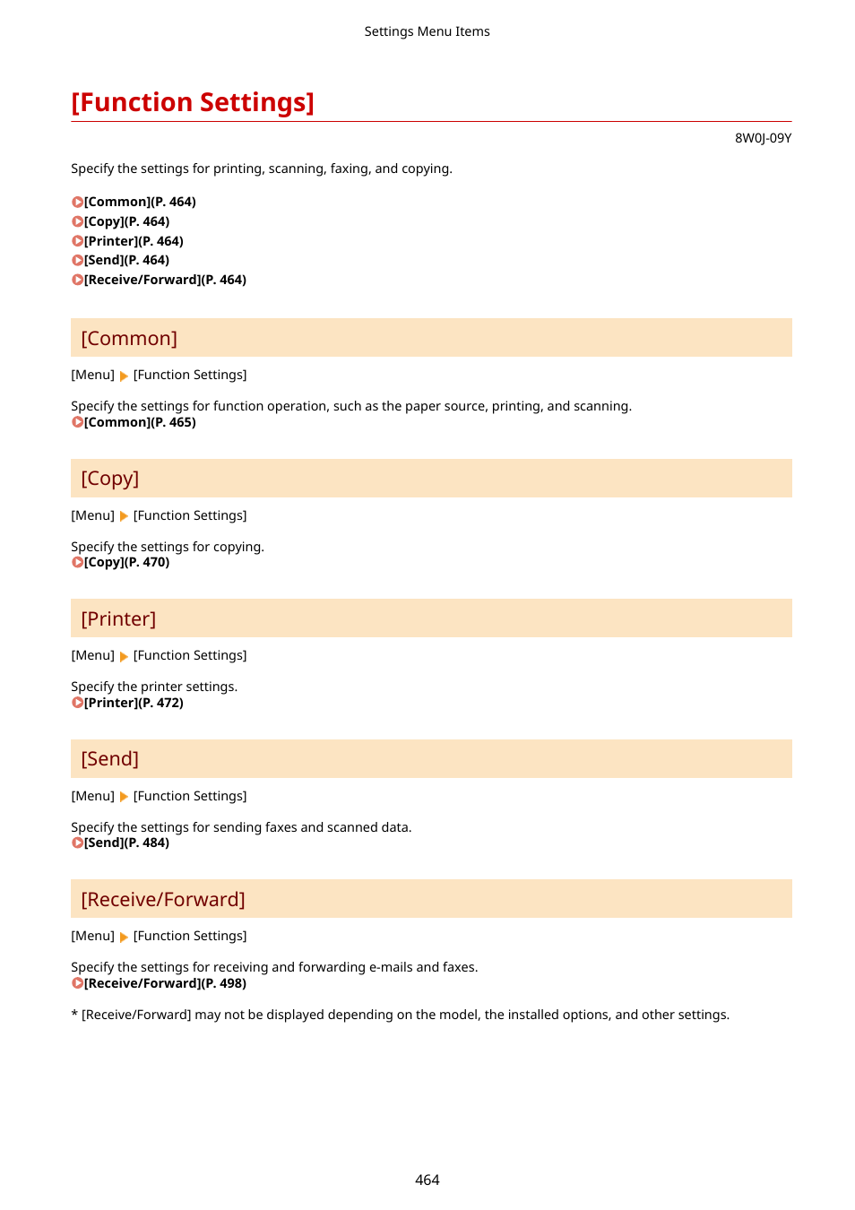 Function settings, Function settings](p. 464), Common | Copy, Printer, Send, Receive/forward | Canon imageCLASS MF264dw II Multifunction Monochrome Laser Printer User Manual | Page 473 / 700