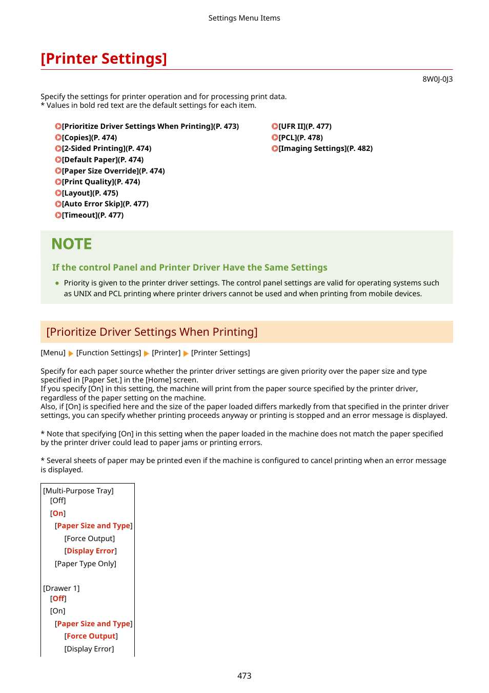 Printer settings, Prioritize driver settings when printing | Canon imageCLASS MF264dw II Multifunction Monochrome Laser Printer User Manual | Page 482 / 700
