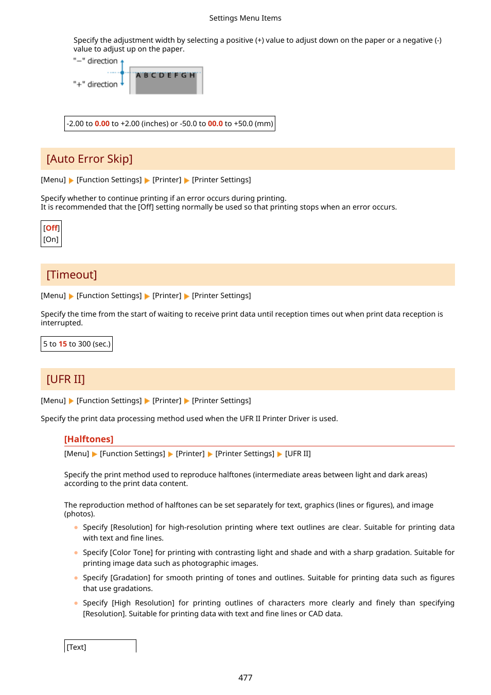 Auto error skip](p. 477) [timeout](p. 477), Ufr ii](p. 477), Auto error skip | Timeout, Ufr ii | Canon imageCLASS MF264dw II Multifunction Monochrome Laser Printer User Manual | Page 486 / 700