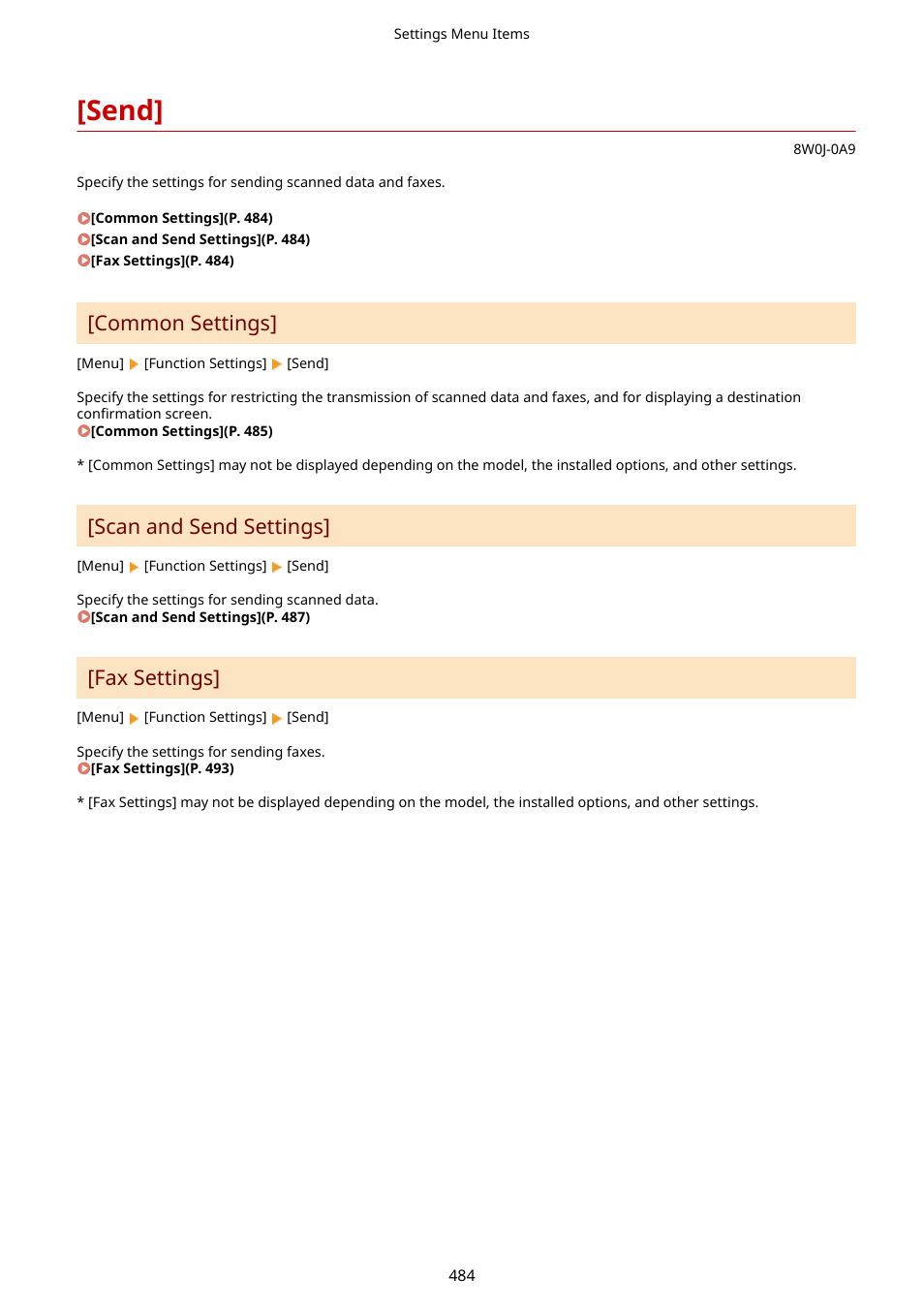 Send, Send](p. 484), Common settings | Scan and send settings, Fax settings | Canon imageCLASS MF264dw II Multifunction Monochrome Laser Printer User Manual | Page 493 / 700