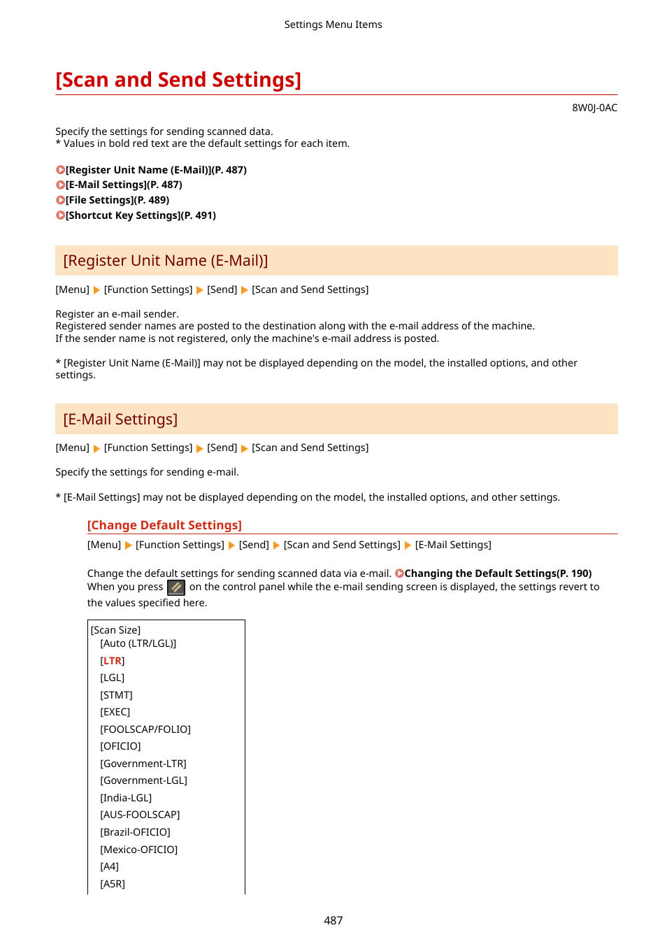 Scan and send settings, Scan and send settings](p. 487), Register unit name (e-mail) | E-mail settings | Canon imageCLASS MF264dw II Multifunction Monochrome Laser Printer User Manual | Page 496 / 700