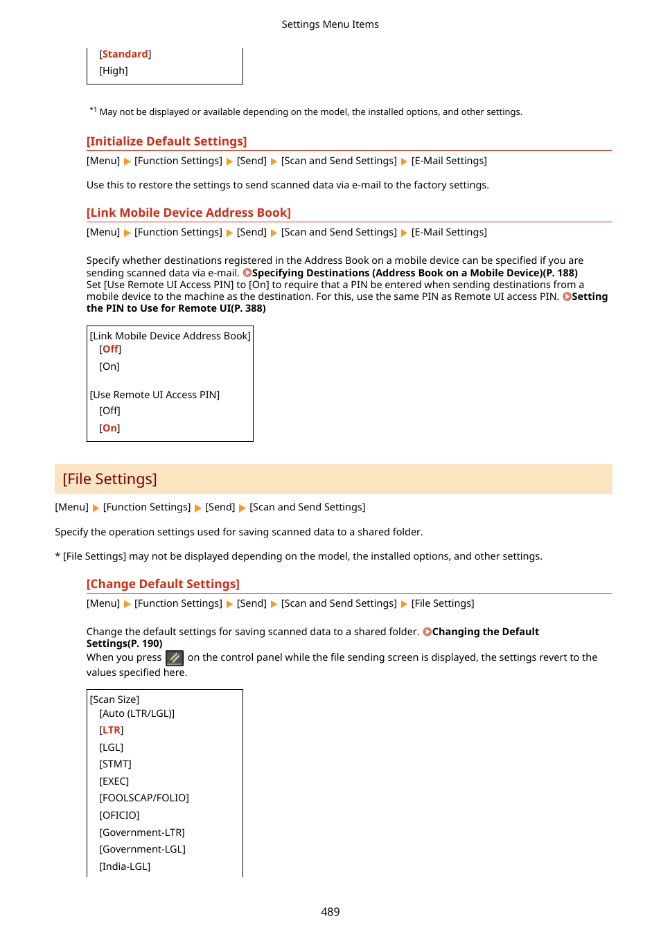 Link mobile device address book](p. 489), Change default settings](p. 489), File settings](p. 489) | File settings | Canon imageCLASS MF264dw II Multifunction Monochrome Laser Printer User Manual | Page 498 / 700