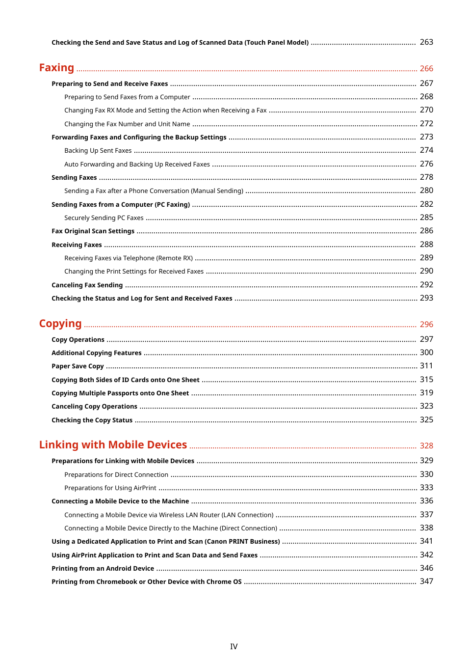 Faxing, Copying, Linking with mobile devices | Canon imageCLASS MF264dw II Multifunction Monochrome Laser Printer User Manual | Page 5 / 700