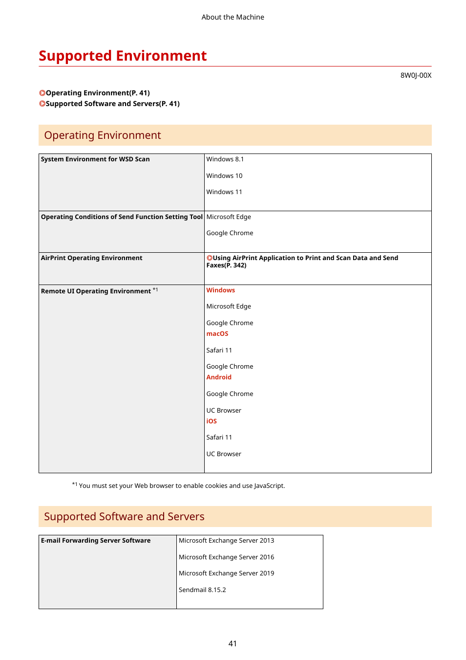 Supported environment, Supported environment(p. 41), Operating environment | Supported software and servers | Canon imageCLASS MF264dw II Multifunction Monochrome Laser Printer User Manual | Page 50 / 700