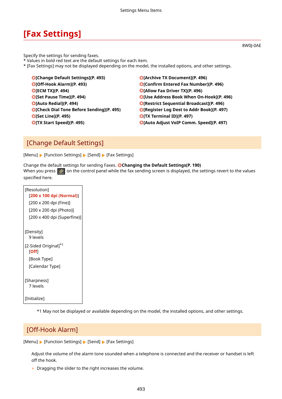 Fax settings, Fax [change default settings](p. 493), Fax settings](p. 493) | Change default settings, Off-hook alarm | Canon imageCLASS MF264dw II Multifunction Monochrome Laser Printer User Manual | Page 502 / 700