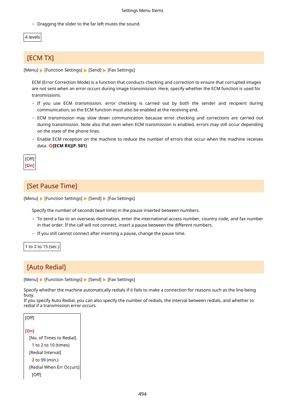Ecm tx](p. 494), Set pause time](p. 494), Ecm tx | Set pause time, Auto redial | Canon imageCLASS MF264dw II Multifunction Monochrome Laser Printer User Manual | Page 503 / 700