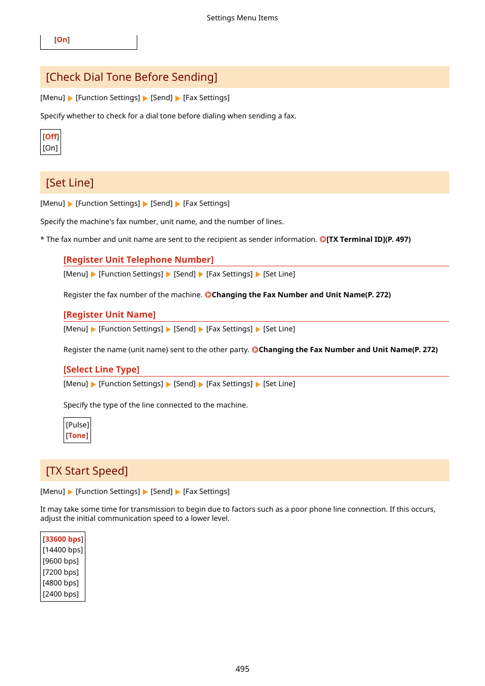 Tx start speed](p. 495), Check dial tone before sending, Set line | Tx start speed | Canon imageCLASS MF264dw II Multifunction Monochrome Laser Printer User Manual | Page 504 / 700