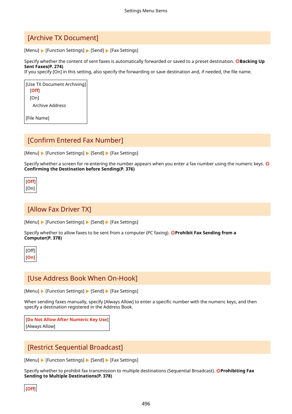 Archive tx document](p. 496), Confirm entered fax number](p. 496), Allow fax driver tx](p. 496) | Restrict sequential broadcast](p. 496), Archive tx document, Confirm entered fax number, Allow fax driver tx, Use address book when on-hook, Restrict sequential broadcast | Canon imageCLASS MF264dw II Multifunction Monochrome Laser Printer User Manual | Page 505 / 700