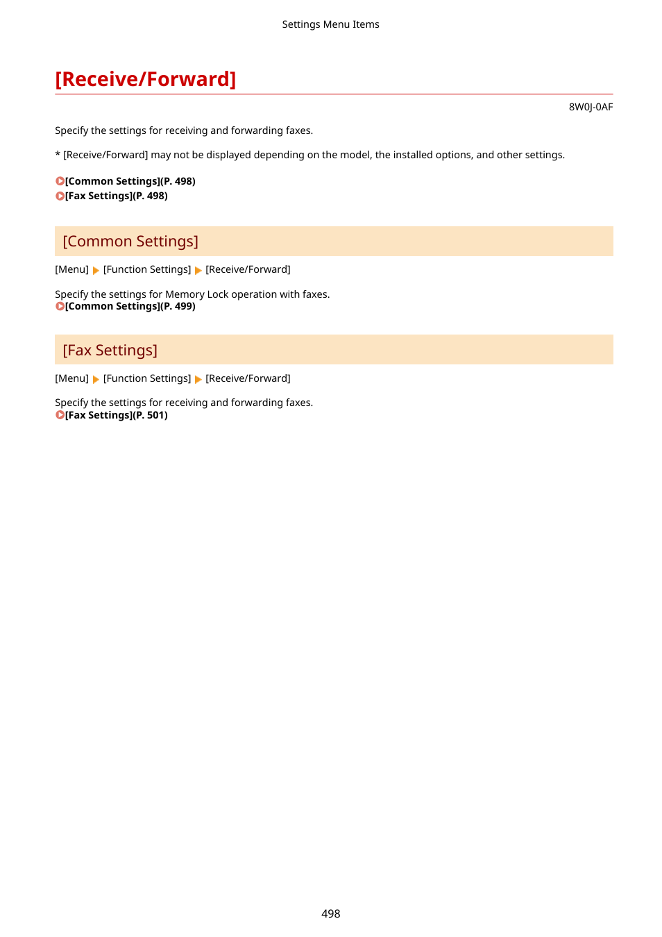 Receive/forward, Receive/forward](p. 498), Common settings | Fax settings | Canon imageCLASS MF264dw II Multifunction Monochrome Laser Printer User Manual | Page 507 / 700