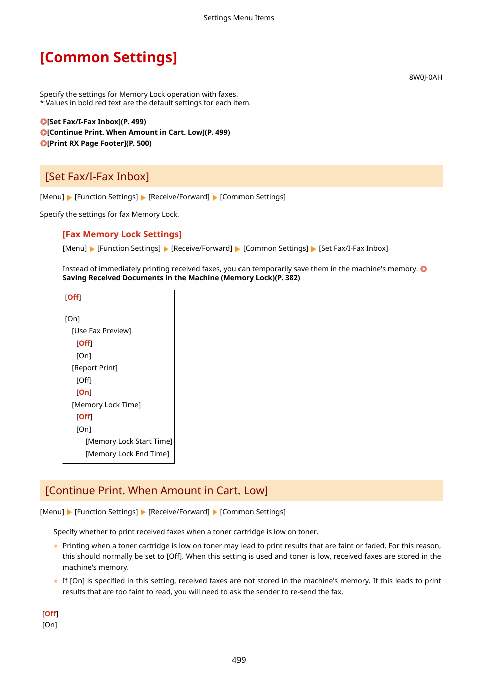 Common settings, Fax memory lock settings](p. 499), Set fax/i-fax inbox | Continue print. when amount in cart. low | Canon imageCLASS MF264dw II Multifunction Monochrome Laser Printer User Manual | Page 508 / 700