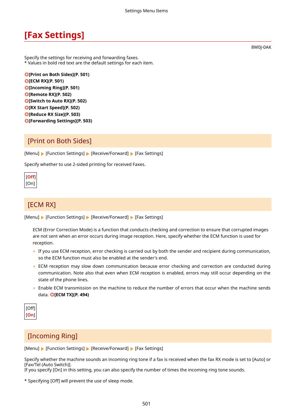 Fax settings, Print on both sides](p. 501), Print on both sides | Ecm rx, Incoming ring | Canon imageCLASS MF264dw II Multifunction Monochrome Laser Printer User Manual | Page 510 / 700