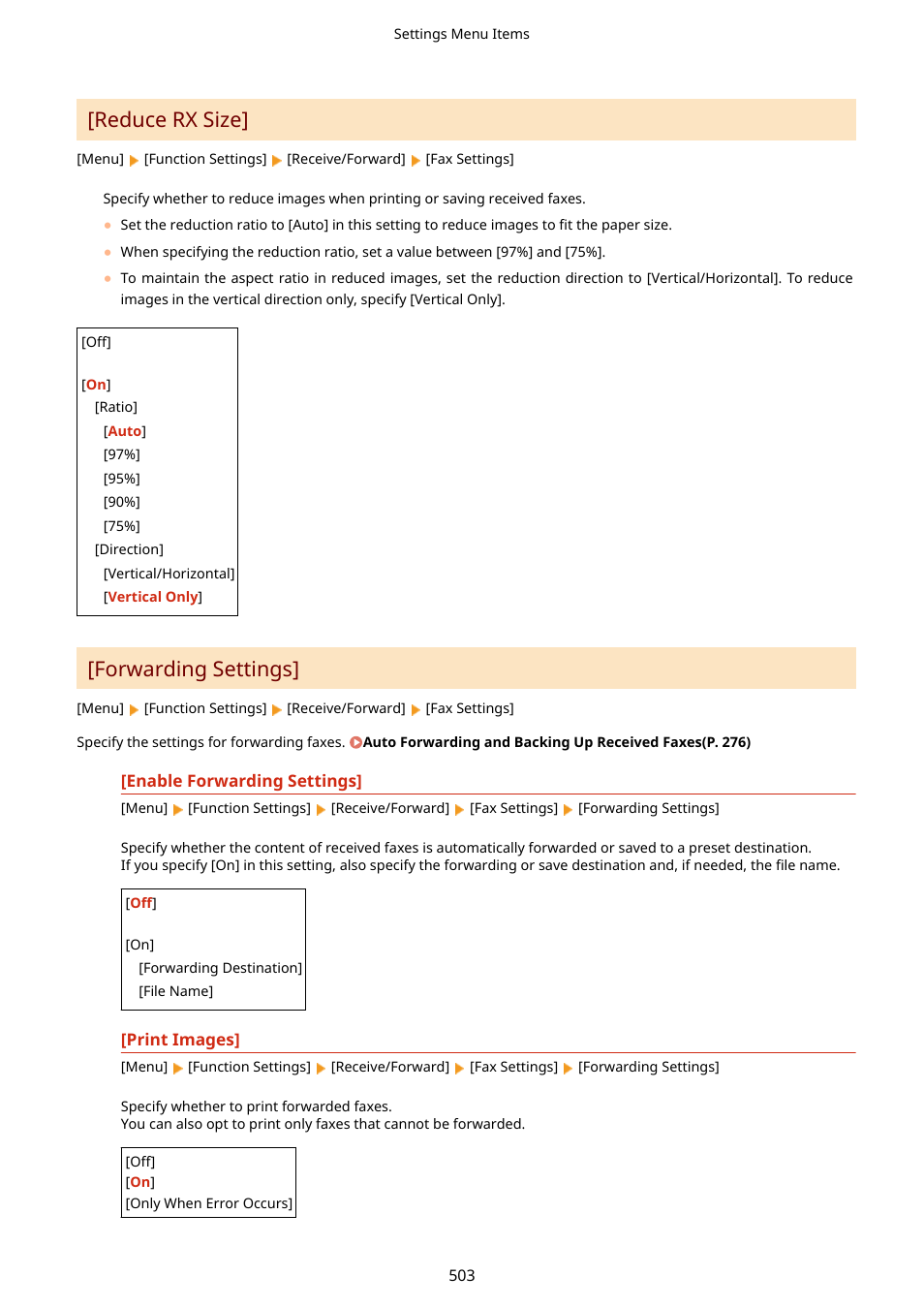 Forwarding settings](p. 503), Reduce rx size, Forwarding settings | Canon imageCLASS MF264dw II Multifunction Monochrome Laser Printer User Manual | Page 512 / 700