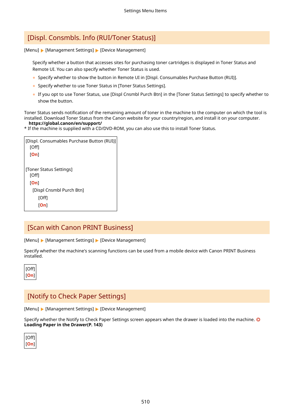 Displ. consmbls. info (rui/toner status), Scan with canon print business, Notify to check paper settings | Canon imageCLASS MF264dw II Multifunction Monochrome Laser Printer User Manual | Page 519 / 700