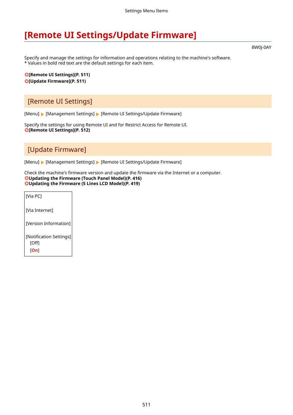 Remote ui settings/update firmware, Remote ui settings/update firmware](p. 511), Remote ui settings | Update firmware | Canon imageCLASS MF264dw II Multifunction Monochrome Laser Printer User Manual | Page 520 / 700