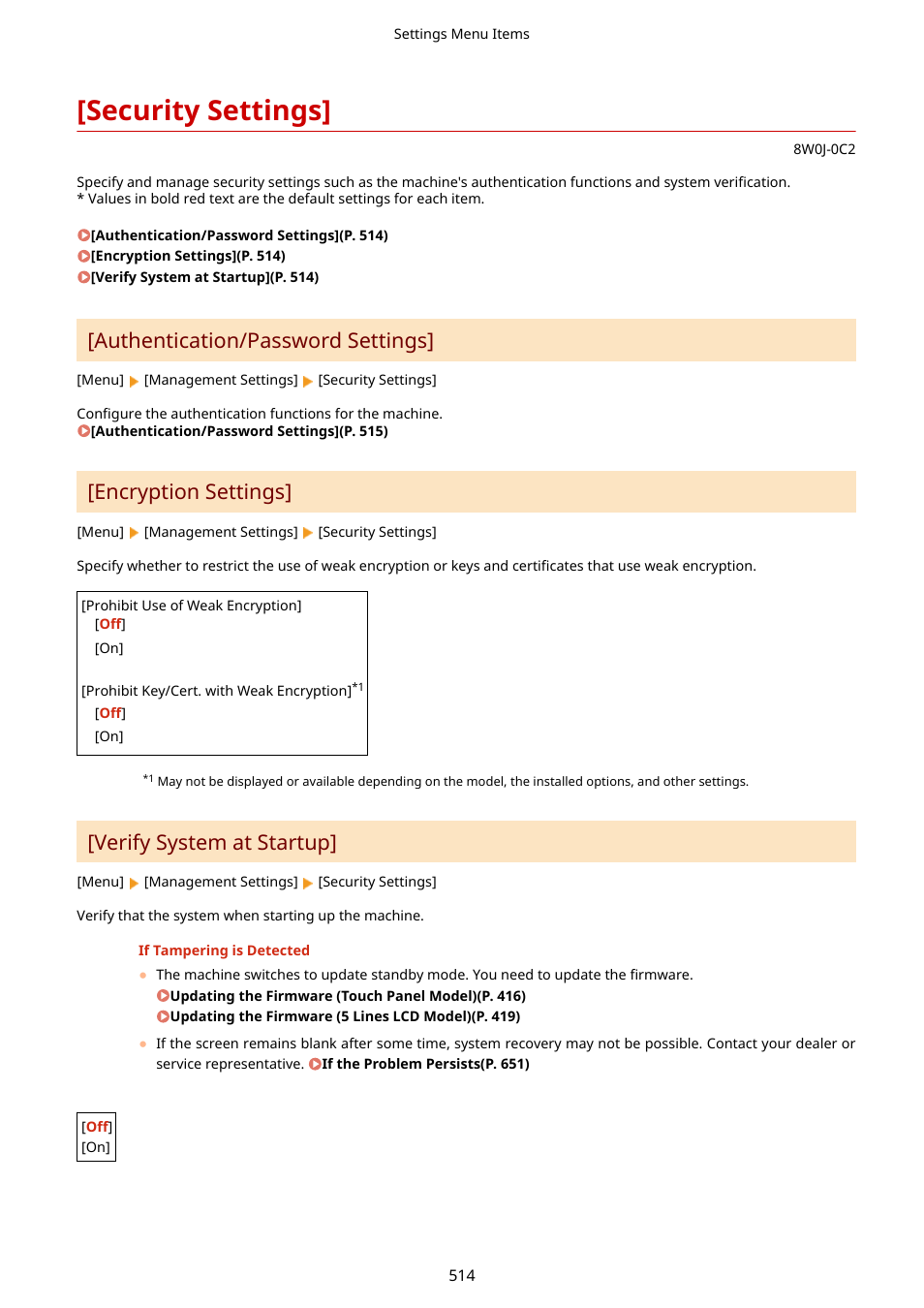 Security settings, Security settings](p. 514), Authentication/password settings | Encryption settings, Verify system at startup | Canon imageCLASS MF264dw II Multifunction Monochrome Laser Printer User Manual | Page 523 / 700