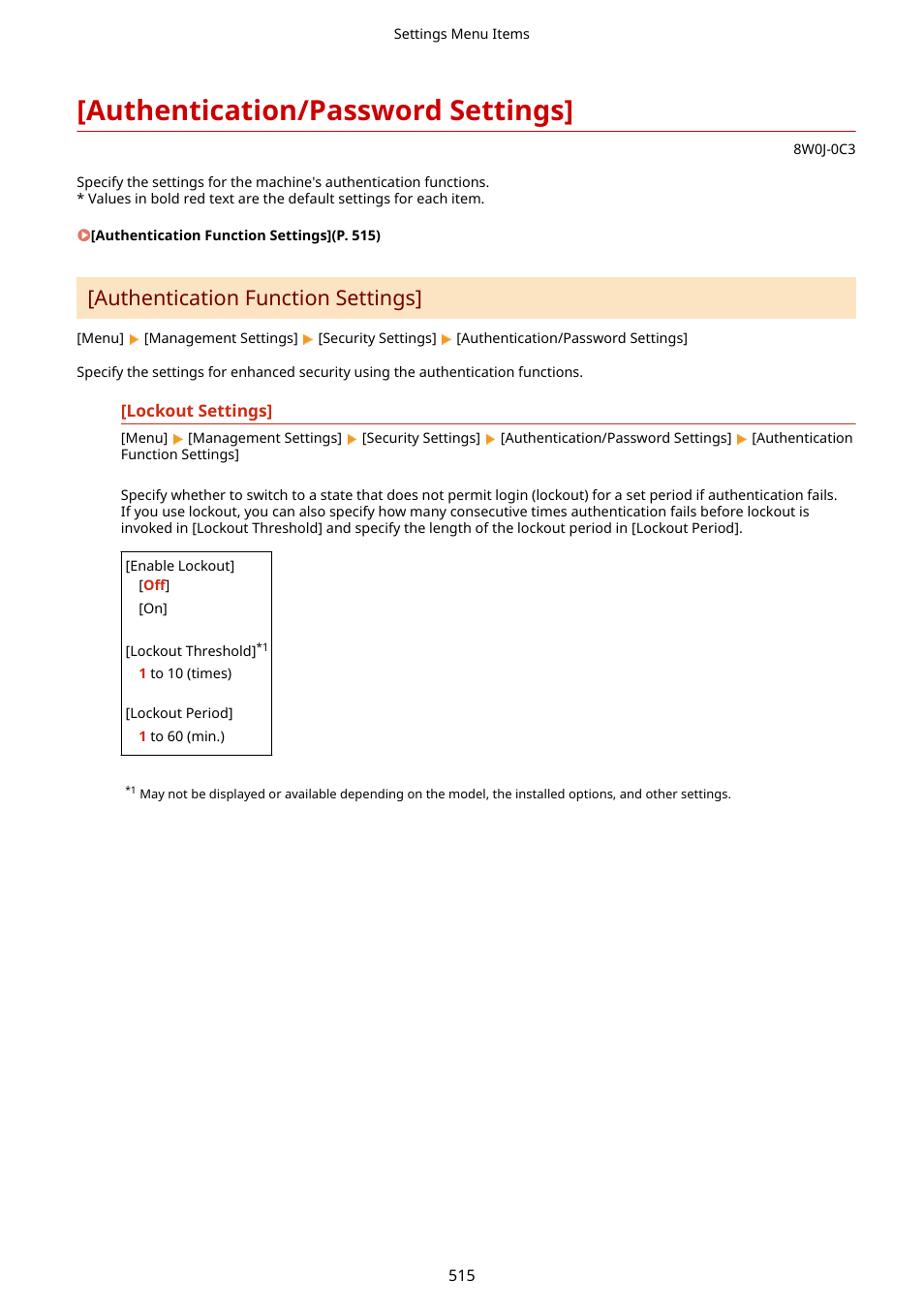 Authentication/password settings, Authentication/password settings](p. 515), Authentication function settings | Canon imageCLASS MF264dw II Multifunction Monochrome Laser Printer User Manual | Page 524 / 700