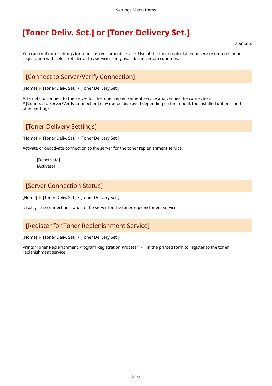 Toner deliv. set.] or [toner delivery set, Connect to server/verify connection, Toner delivery settings | Server connection status, Register for toner replenishment service | Canon imageCLASS MF264dw II Multifunction Monochrome Laser Printer User Manual | Page 525 / 700