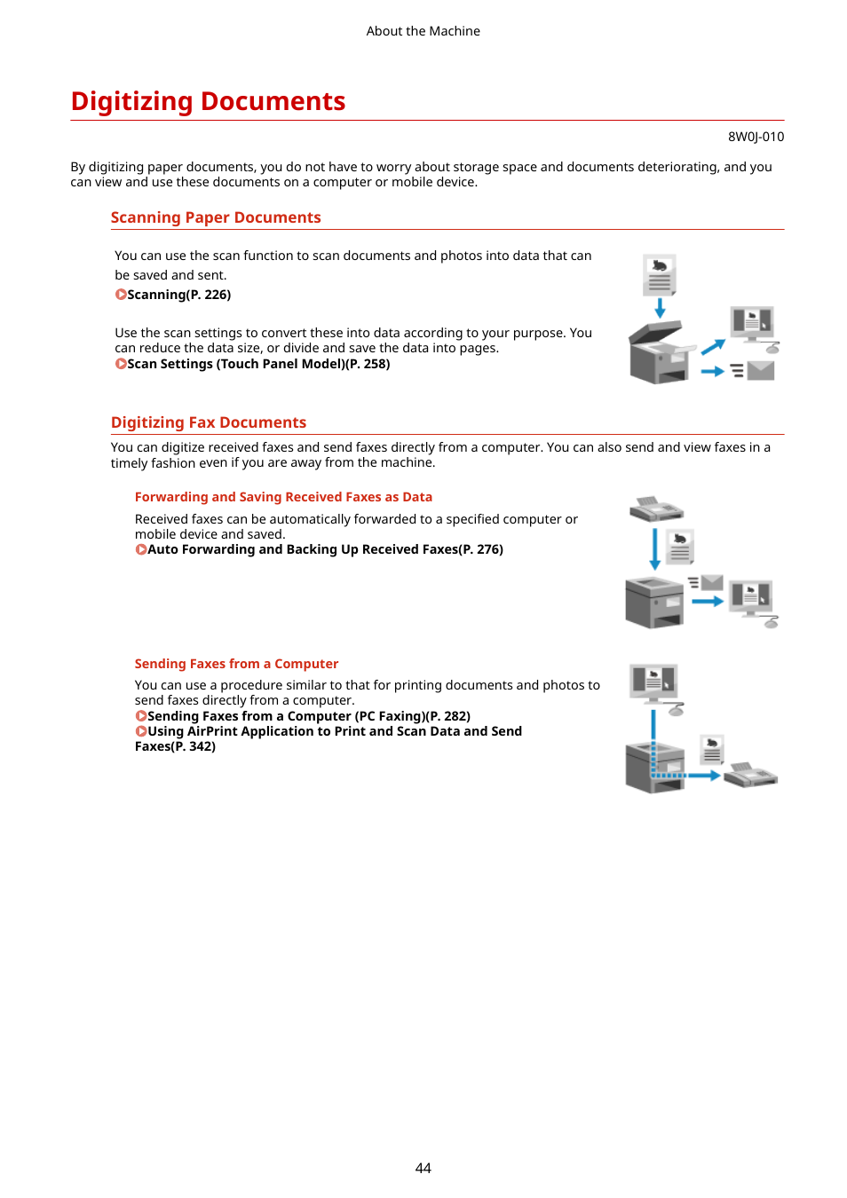 Digitizing documents, Digitizing documents(p. 44) | Canon imageCLASS MF264dw II Multifunction Monochrome Laser Printer User Manual | Page 53 / 700