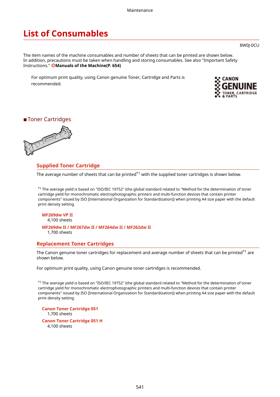 List of consumables, List of consumables(p. 541), Toner cartridges | Canon imageCLASS MF264dw II Multifunction Monochrome Laser Printer User Manual | Page 550 / 700