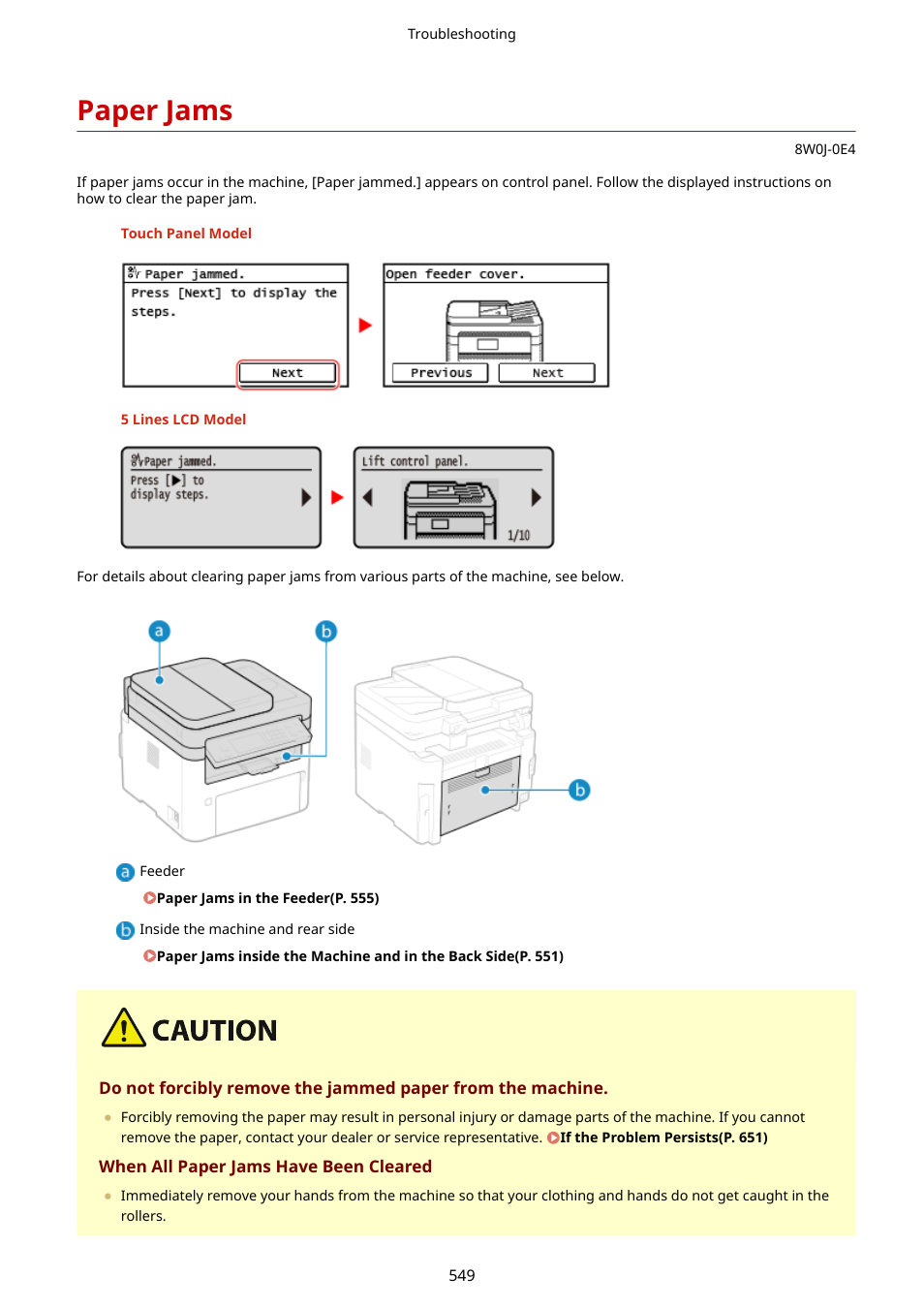 Paper jams, Paper jams(p. 549) | Canon imageCLASS MF264dw II Multifunction Monochrome Laser Printer User Manual | Page 558 / 700