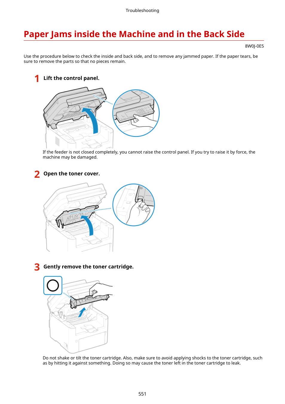Paper jams inside the machine and in the back side, Paper jams inside the machine and, In the back side(p. 551) | Canon imageCLASS MF264dw II Multifunction Monochrome Laser Printer User Manual | Page 560 / 700