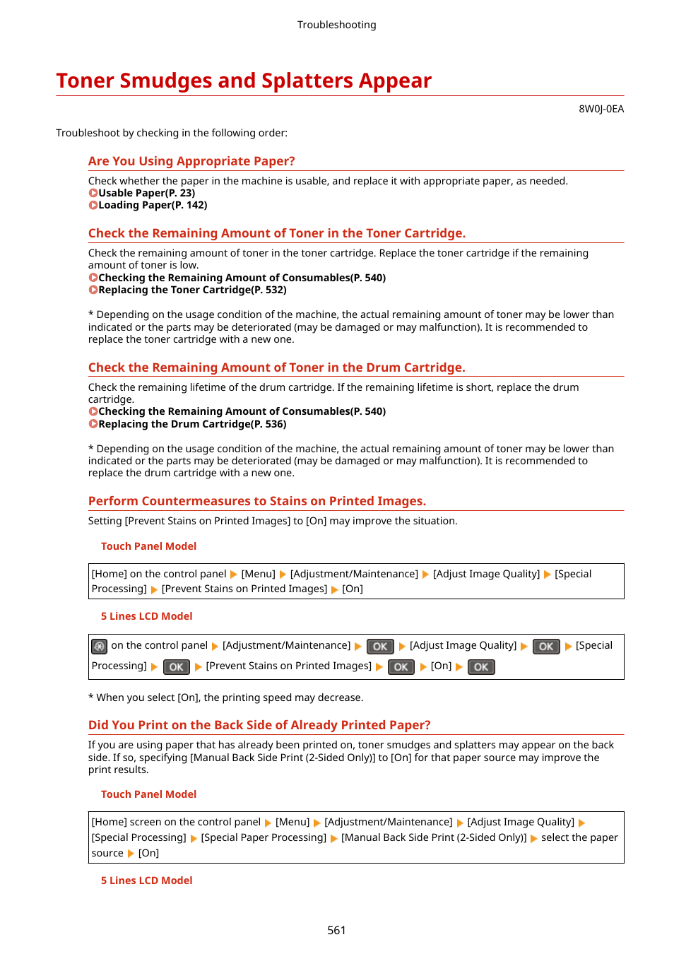 Toner smudges and splatters appear, Toner smudges and splatters, Appear(p. 561) | Canon imageCLASS MF264dw II Multifunction Monochrome Laser Printer User Manual | Page 570 / 700