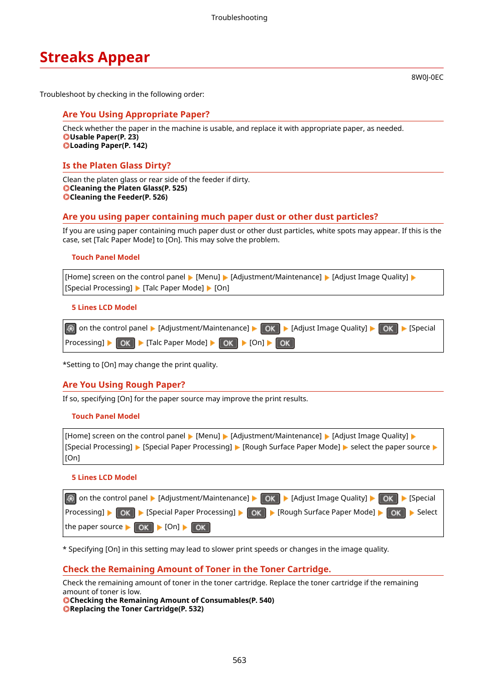 Streaks appear, Streaks appear(p. 563) | Canon imageCLASS MF264dw II Multifunction Monochrome Laser Printer User Manual | Page 572 / 700