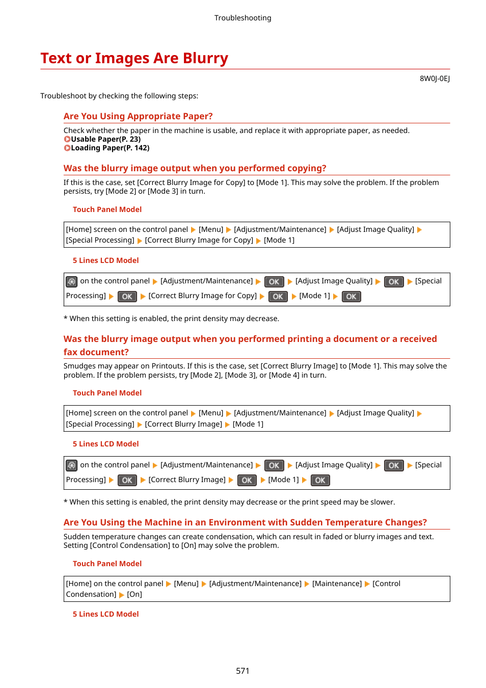 Text or images are blurry, Text or images are, Blurry(p. 571) | Canon imageCLASS MF264dw II Multifunction Monochrome Laser Printer User Manual | Page 580 / 700