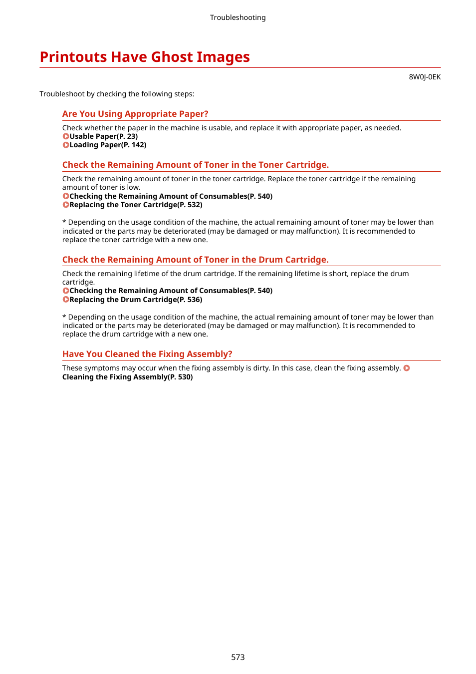 Printouts have ghost images, Printouts have ghost, Images(p. 573) | Canon imageCLASS MF264dw II Multifunction Monochrome Laser Printer User Manual | Page 582 / 700