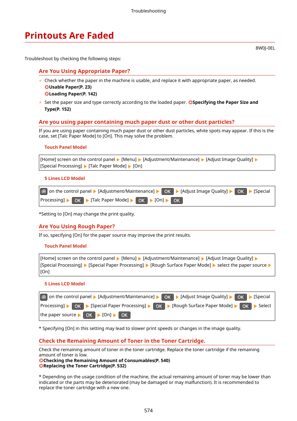 Printouts are faded, Printouts are faded(p. 574) | Canon imageCLASS MF264dw II Multifunction Monochrome Laser Printer User Manual | Page 583 / 700