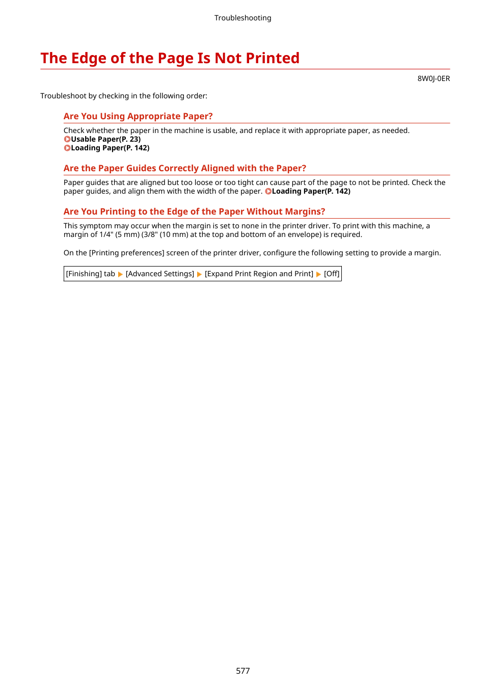 Printed(p. 577), The edge of the page is not printed | Canon imageCLASS MF264dw II Multifunction Monochrome Laser Printer User Manual | Page 586 / 700