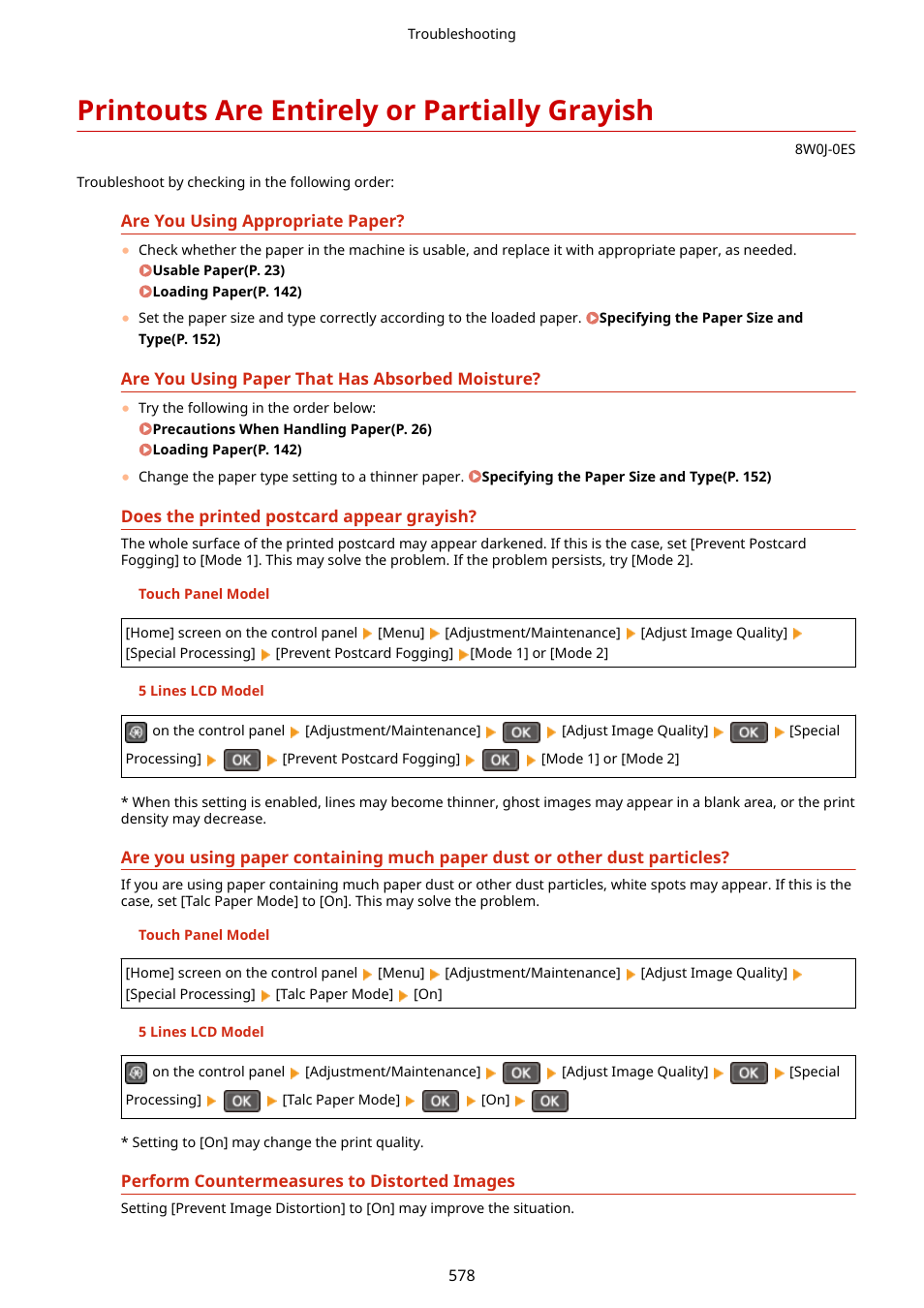 Printouts are entirely or partially grayish, Printouts are entirely or, Partially grayish(p. 578) | Canon imageCLASS MF264dw II Multifunction Monochrome Laser Printer User Manual | Page 587 / 700