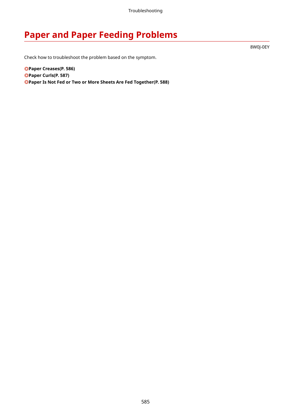 Paper and paper feeding problems, Paper and paper feeding problems(p. 585) | Canon imageCLASS MF264dw II Multifunction Monochrome Laser Printer User Manual | Page 594 / 700