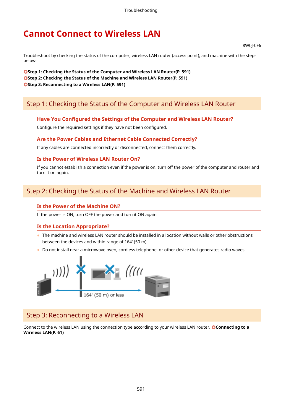 Cannot connect to wireless lan, Cannot connect to wireless lan(p. 591), Step 3: reconnecting to a wireless lan | Canon imageCLASS MF264dw II Multifunction Monochrome Laser Printer User Manual | Page 600 / 700