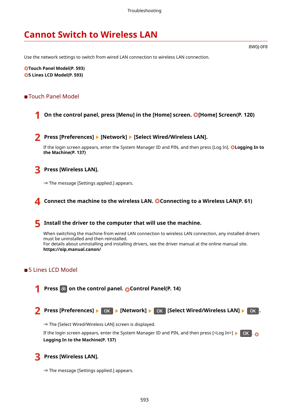 Cannot switch to wireless lan, Cannot switch to wireless lan(p. 593) | Canon imageCLASS MF264dw II Multifunction Monochrome Laser Printer User Manual | Page 602 / 700