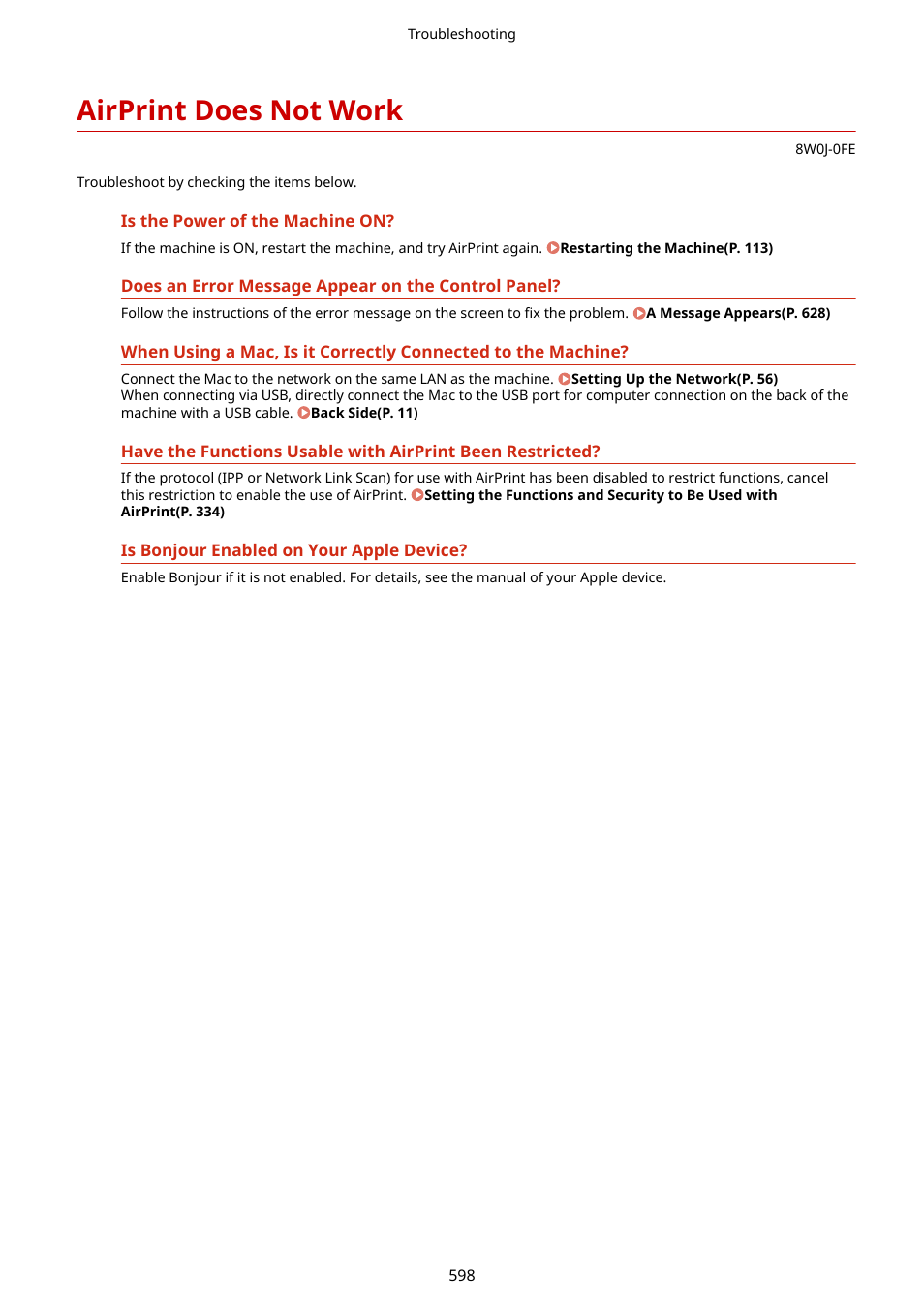 Airprint does not work, Airprint does not work(p. 598) | Canon imageCLASS MF264dw II Multifunction Monochrome Laser Printer User Manual | Page 607 / 700