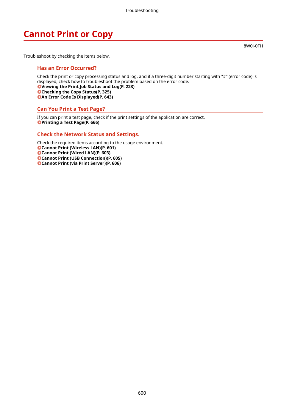 Cannot print or copy, Cannot print or copy(p. 600) | Canon imageCLASS MF264dw II Multifunction Monochrome Laser Printer User Manual | Page 609 / 700
