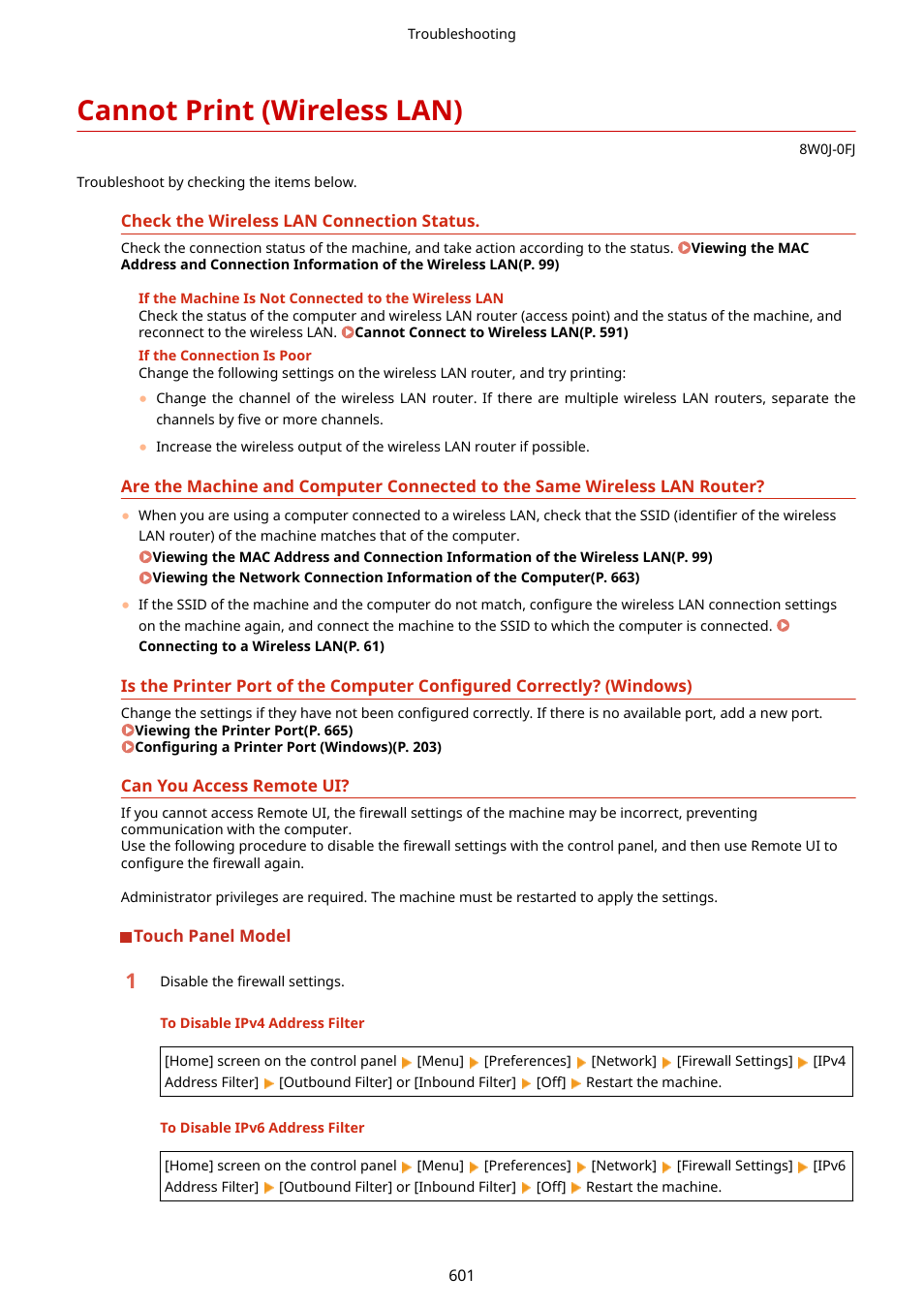 Cannot print (wireless lan), Cannot print (wireless lan)(p. 601) | Canon imageCLASS MF264dw II Multifunction Monochrome Laser Printer User Manual | Page 610 / 700